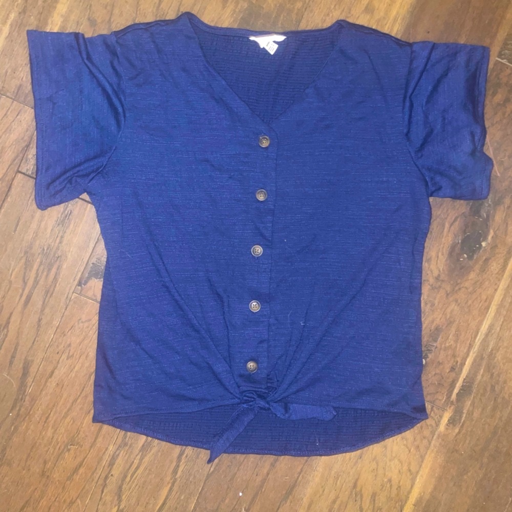 Vintage Blue Sleeveless Button Down Shirt with Tie Front
